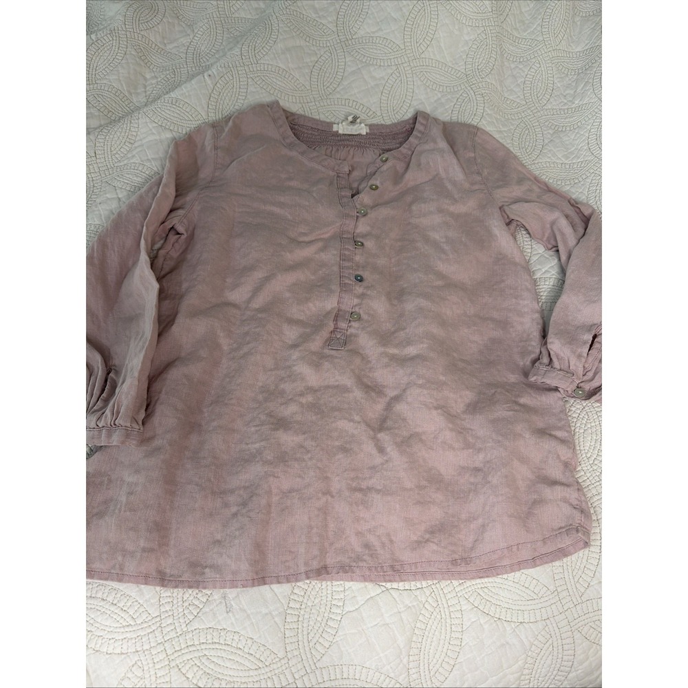 Nicole Miller New York Pink 100% Linen Smocked Henley Long Sleeve Top  Sz XS